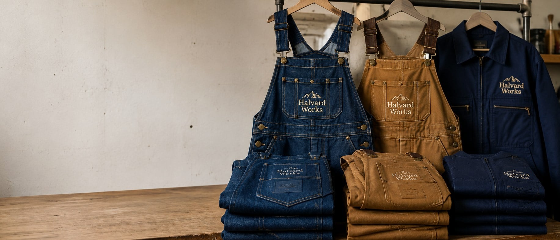 Custom embroidered overalls with a company logo hung on a workshop rail